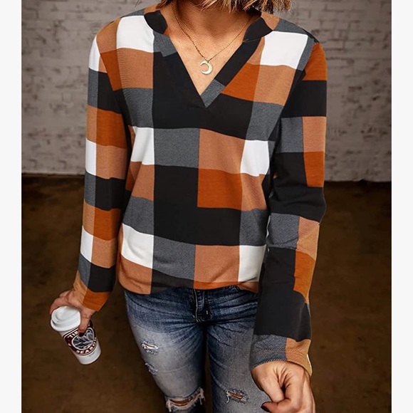 Women's Roll-Up Long Sleeve Plaid Shirt Tops - Picture 2 of 5